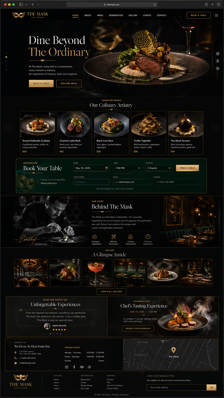 The Mask luxury restaurant website interface